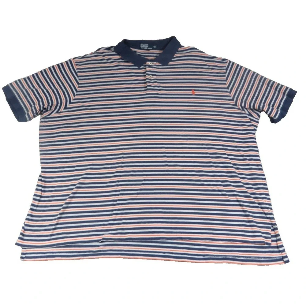 Polo Ralph Lauren 4XLT Tall Striped Polo Shirt Blue White Orange Pony Cotton EUC